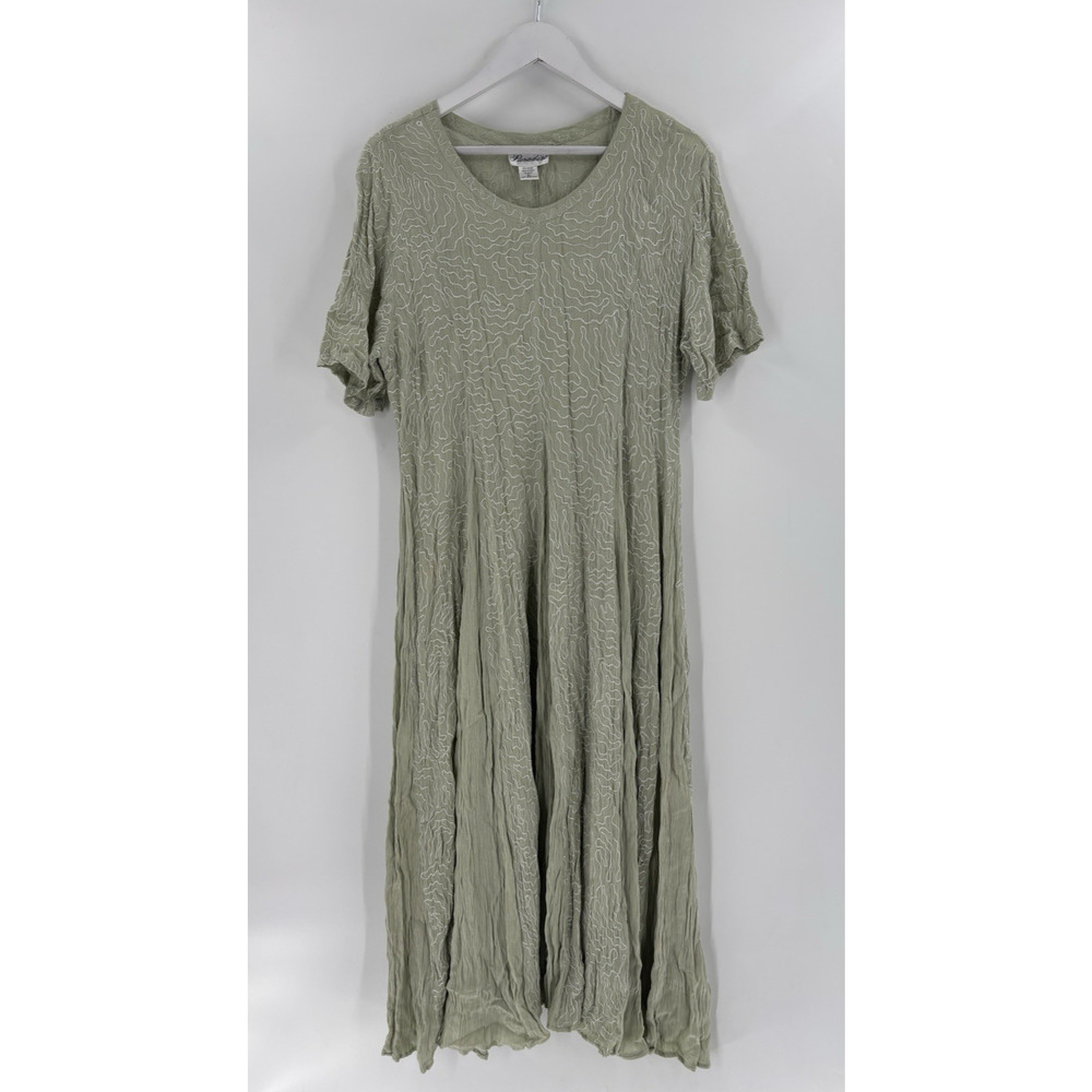 Vintage Paradiso Dress Womens Large Green White Embroidered Ruffle Maxi Tie Back